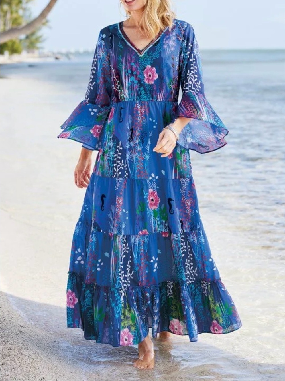 Soft Surroundings Martha Maxi Dress Blue Floral Reef Tiered Bell Sleeves Large